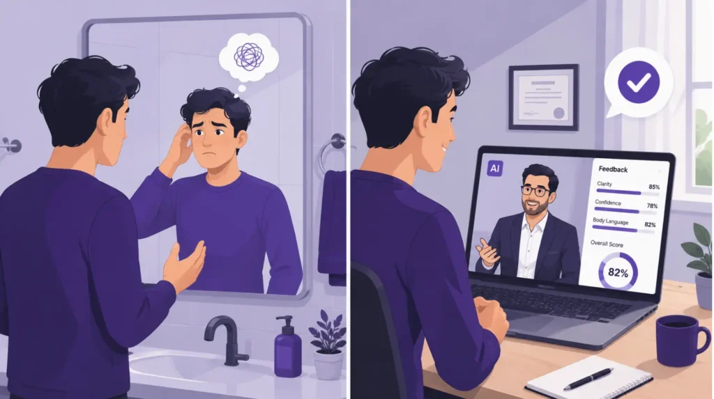 Side by side comparison of a candidate practicing in front of a mirror versus practicing with an AI video interviewer